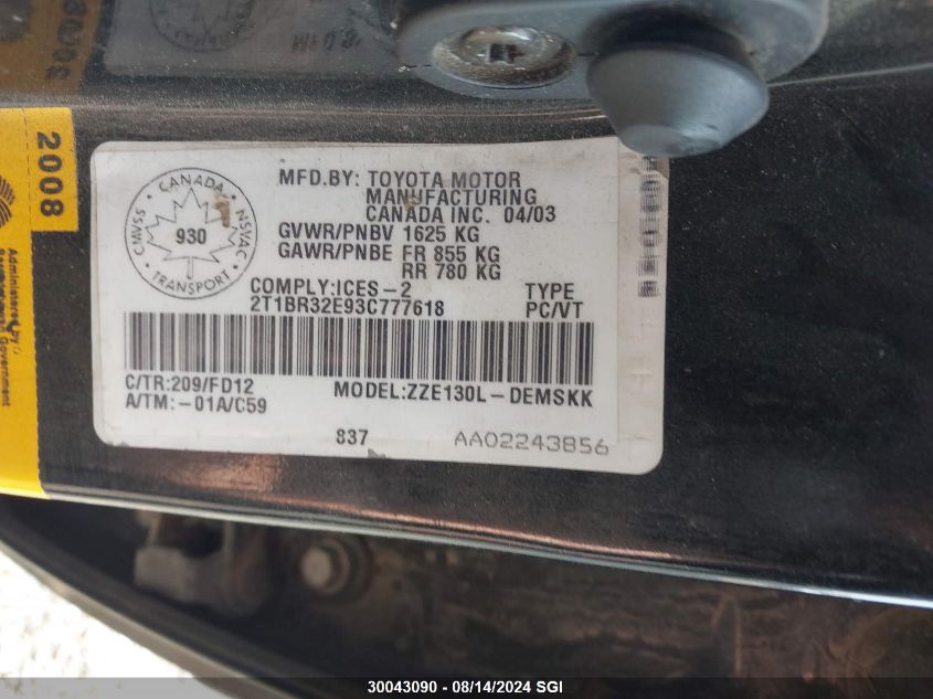 2003 Toyota Corolla Ce/Le/S VIN: 2T1BR32E93C777618 Lot: 30043090