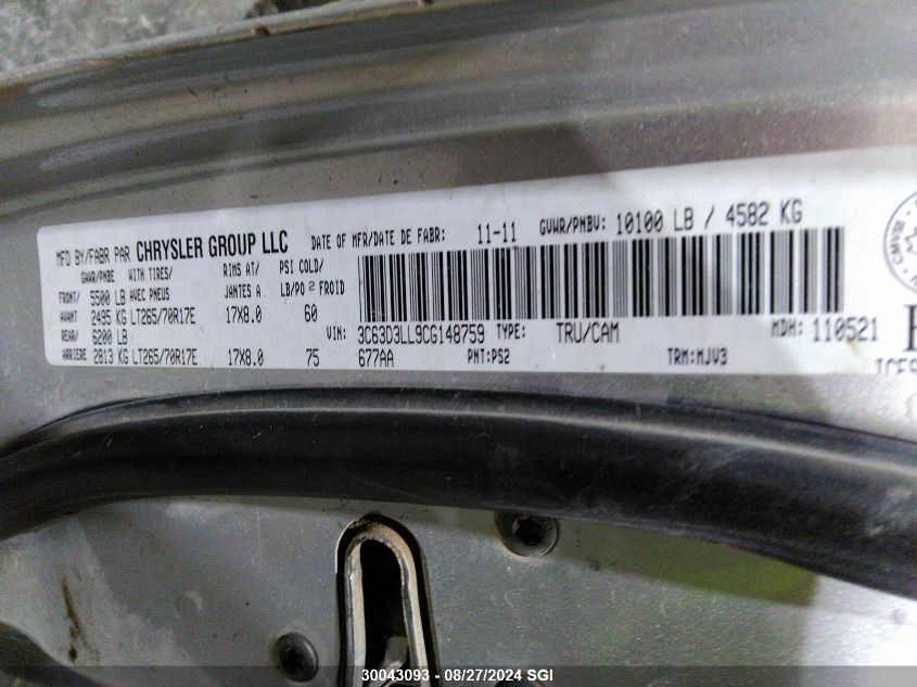 2012 Dodge Ram 3500 Slt VIN: 3C63D3LL9CG148759 Lot: 30043093