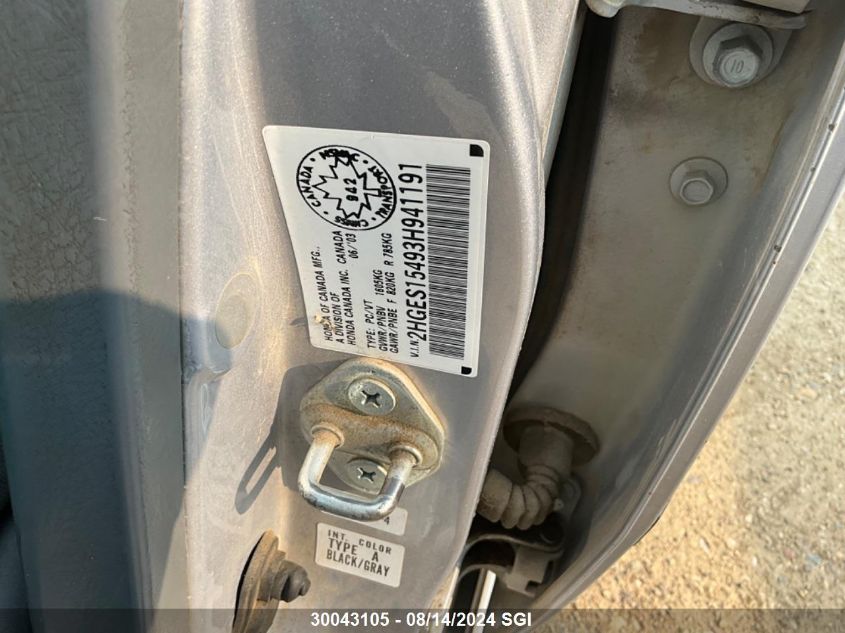 2003 Honda Civic Dx VIN: 2HGES15493H941191 Lot: 30043105