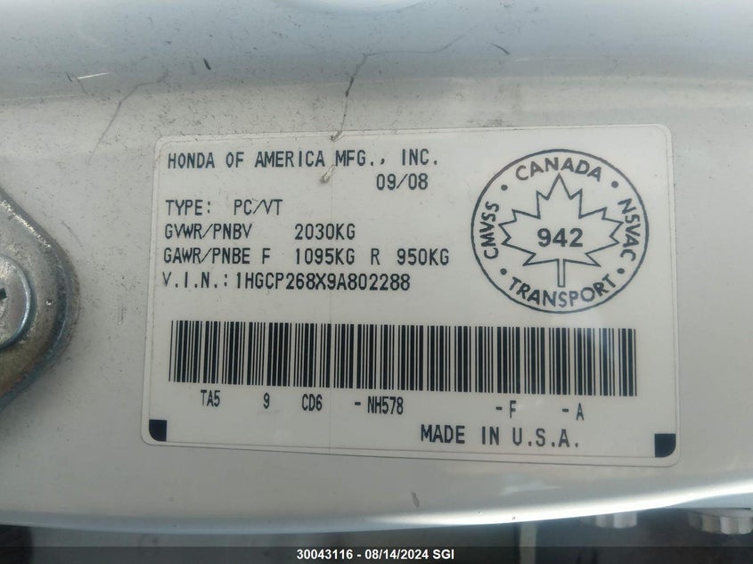 2009 Honda Accord Exl VIN: 1HGCP268X9A802288 Lot: 30043116