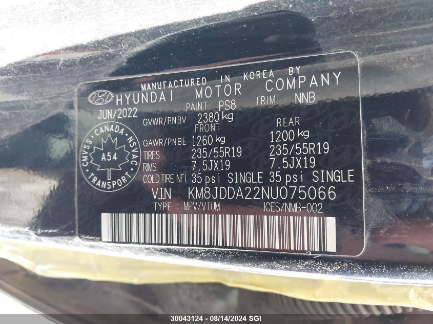 2022 Hyundai Tucson Luxury/Ultimate VIN: KM8JDDA22NU075066 Lot: 30043124