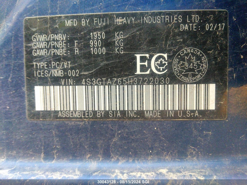 2017 Subaru Impreza Limited VIN: 4S3GTAZ65H3722030 Lot: 30043128