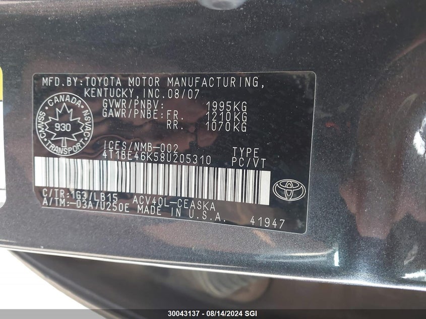 2008 Toyota Camry Ce/Le/Xle/Se VIN: 4T1BE46K58U205310 Lot: 30043137