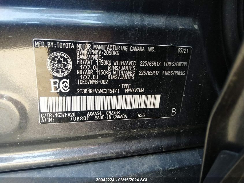 2021 Toyota Rav4 Le VIN: 2T3B1RFV5MC215471 Lot: 30042224