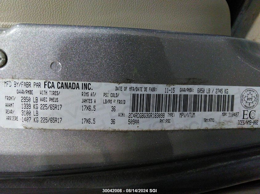 2016 Dodge Grand Caravan Se VIN: 2C4RDGBG3GR183098 Lot: 30042008