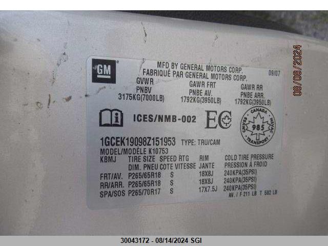 2008 Chevrolet Silverado K1500 VIN: 1GCEK19098Z151953 Lot: 30043172