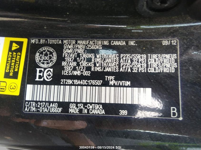 2013 Lexus Rx 350/Base/F Sport VIN: 2T2BK1BA4DC176507 Lot: 30043159