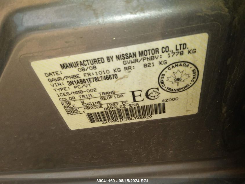 2008 Nissan Sentra 2.0/2.0S/2.0Sl VIN: 3N1AB61E78L746670 Lot: 30041150