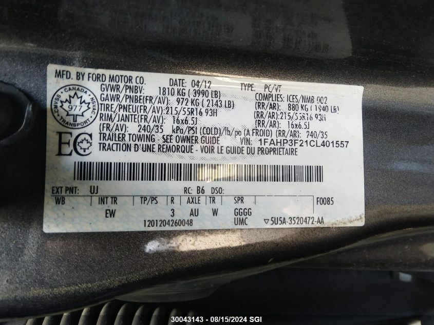 2012 Ford Focus Se VIN: 1FAHP3F21CL401557 Lot: 30043143