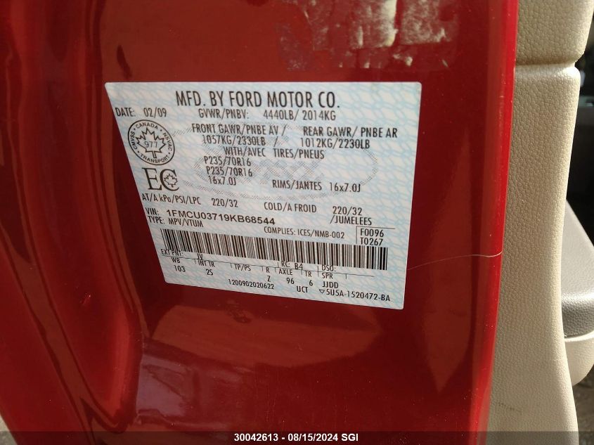 2009 Ford Escape Xlt VIN: 1FMCU03719KB68544 Lot: 30042613