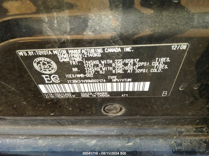 2009 Toyota Rav4 Limited V6 VIN: 2T3BK31V99W002174 Lot: 30041718