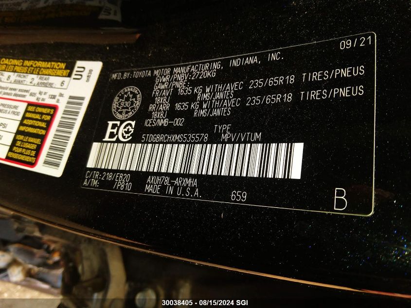 2021 Toyota Highlander Hybrid Xle VIN: 5TDGBRCHXMS535578 Lot: 30038405