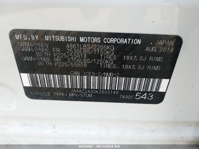 2019 Mitsubishi Outlander Es VIN: JA4AZ2A30KZ603148 Lot: 30039087