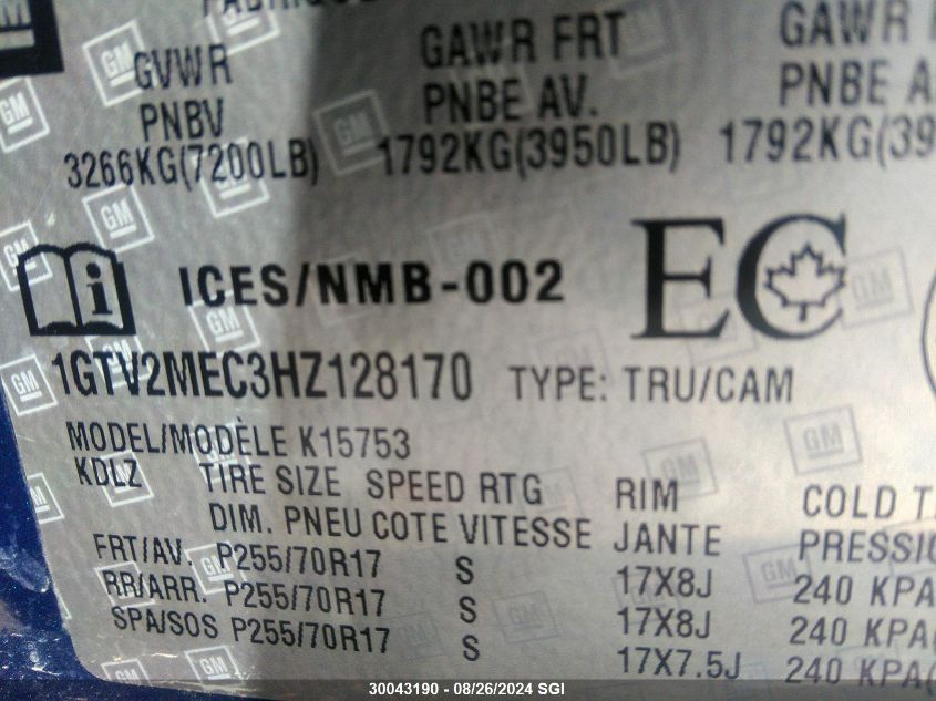 2017 GMC Sierra K1500 Sle VIN: 1GTV2MEC3HZ128170 Lot: 30043190