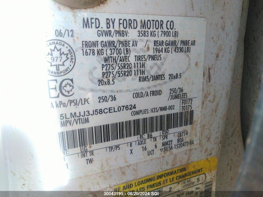 2012 Lincoln Navigator L VIN: 5LMJJ3J58CEL07624 Lot: 30043195