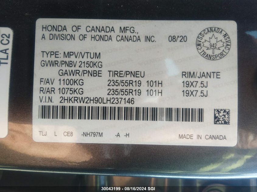 2020 Honda Cr-V Touring VIN: 2HKRW2H90LH237146 Lot: 30043199