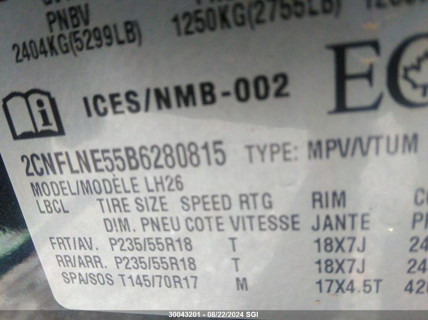 2011 Chevrolet Equinox Lt VIN: 2CNFLNE55B6280815 Lot: 30043201