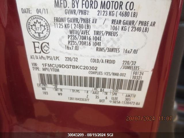 2011 Ford Escape Xlt VIN: 1FMCU9DG7BKC20302 Lot: 30043209