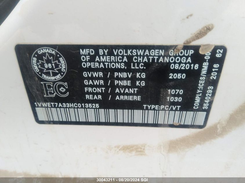 2017 Volkswagen Passat Highline W/ R-Line VIN: 1VWET7A33HC013525 Lot: 30043211
