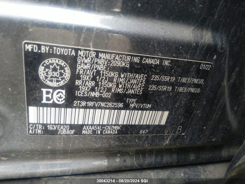 2022 Toyota Rav4 Xle/Xle Premium VIN: 2T3R1RFV7NC262596 Lot: 30043214