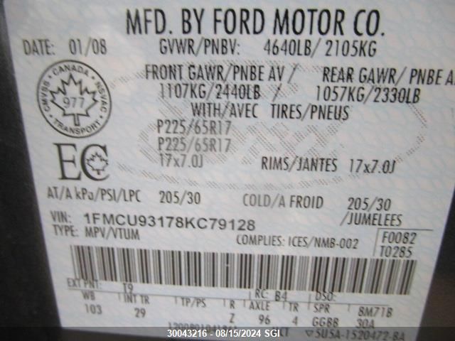 2008 Ford Escape Xlt VIN: 1FMCU93178KC79128 Lot: 30043216