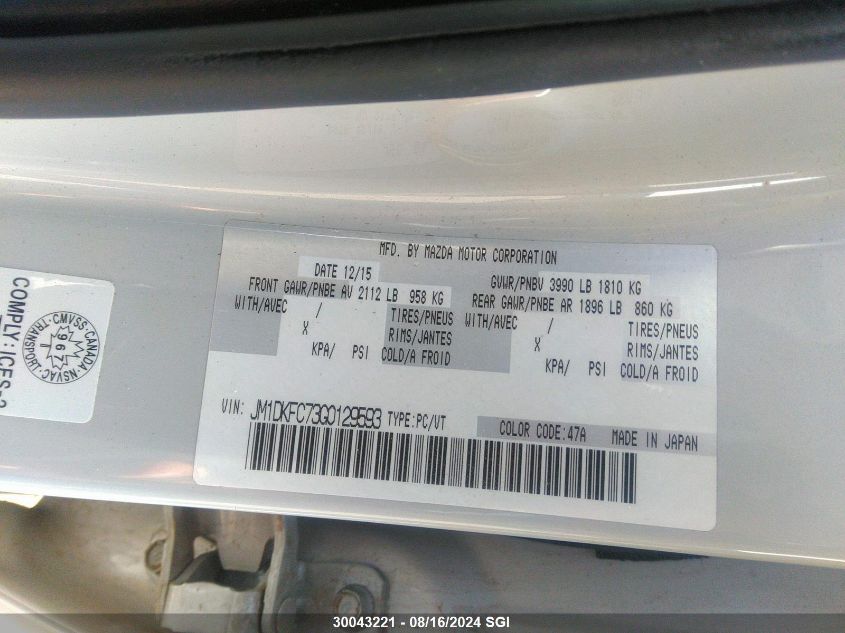 2016 Mazda Cx-3 Touring VIN: JM1DKFC73G0129593 Lot: 30043221