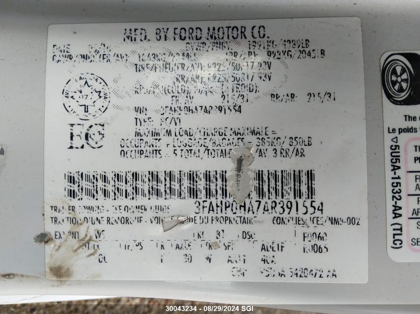 2010 Ford Fusion Se VIN: 3FAHP0HA7AR391554 Lot: 30043234