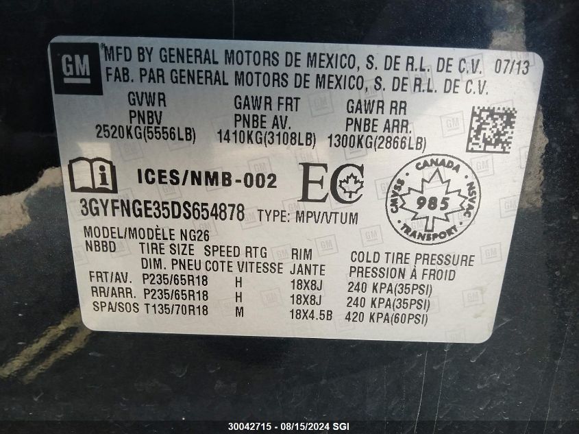 2013 Cadillac Srx Luxury Collection VIN: 3GYFNGE35DS654878 Lot: 30042715