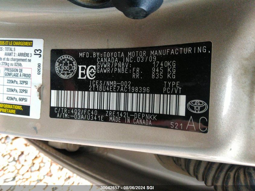 2010 Toyota Corolla S/Le/Xle VIN: 2T1BU4EE7AC198396 Lot: 30042657