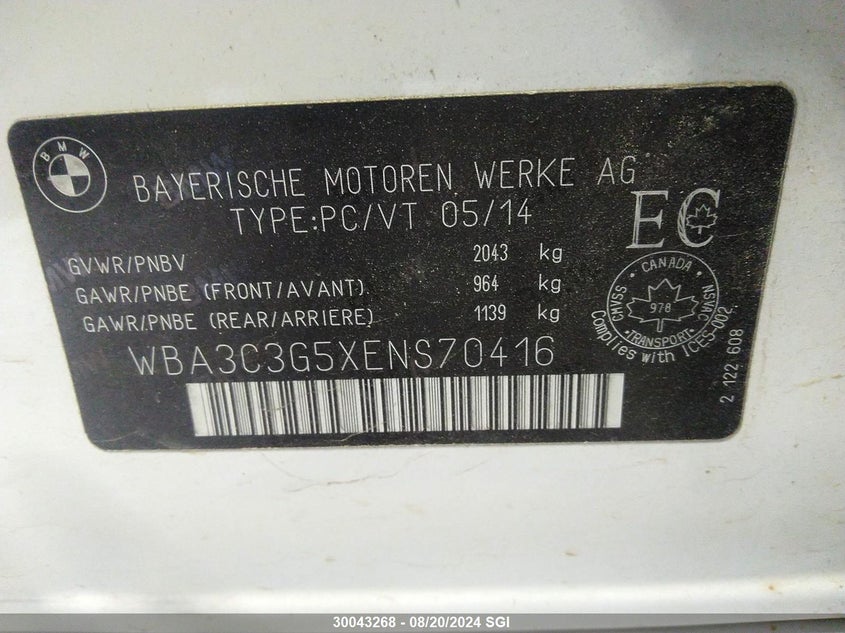 2014 BMW 320 I xDrive VIN: WBA3C3G5XENS70416 Lot: 30043268