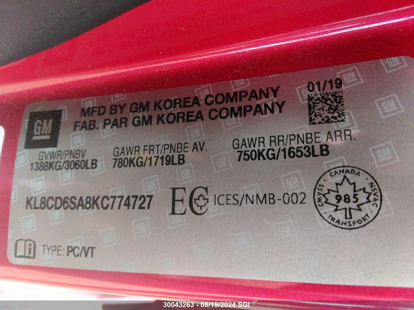 2019 Chevrolet Spark 1Lt VIN: KL8CD6SA8KC774727 Lot: 30043263