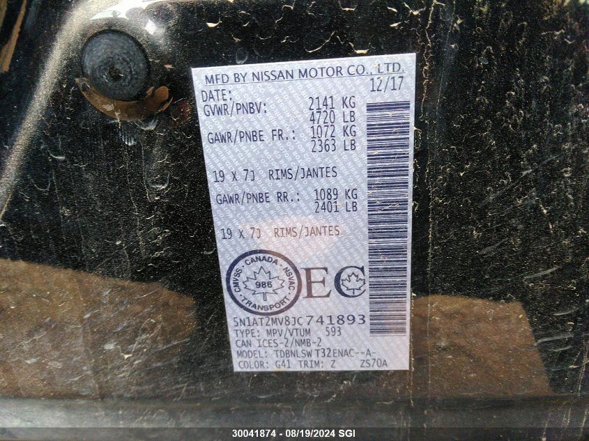 2018 Nissan Rogue Sv/Sl VIN: 5N1AT2MV8JC741893 Lot: 30041874