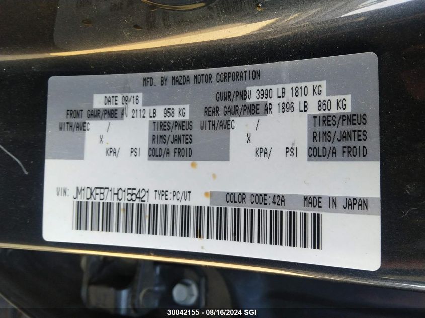 2017 Mazda Cx-3 Sport VIN: JM1DKFB71H0155421 Lot: 30042155