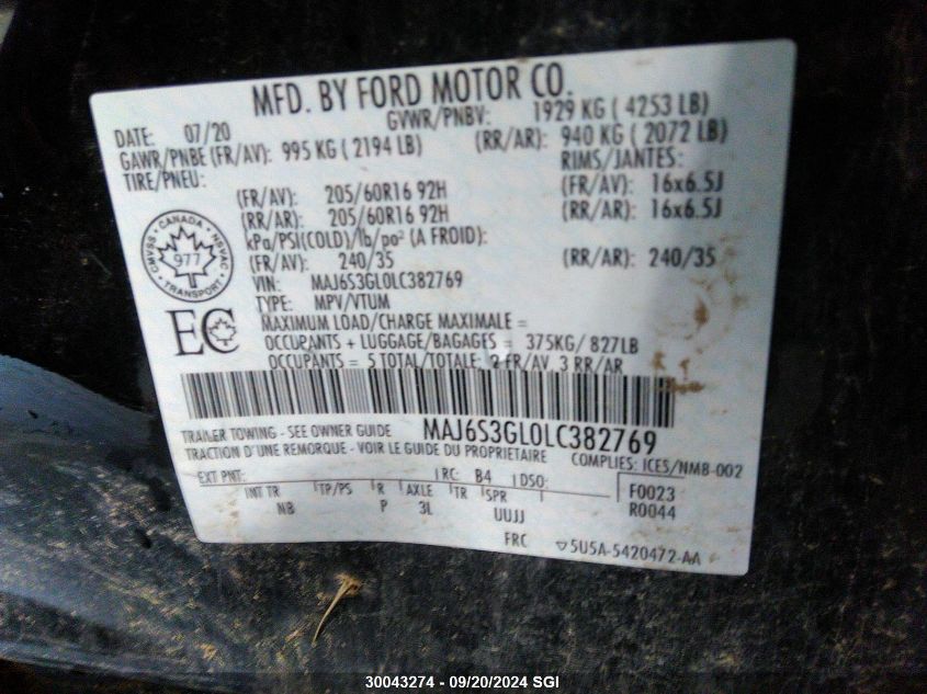 MAJ6S3GL0LC382769 2020 Ford Ecosport Se