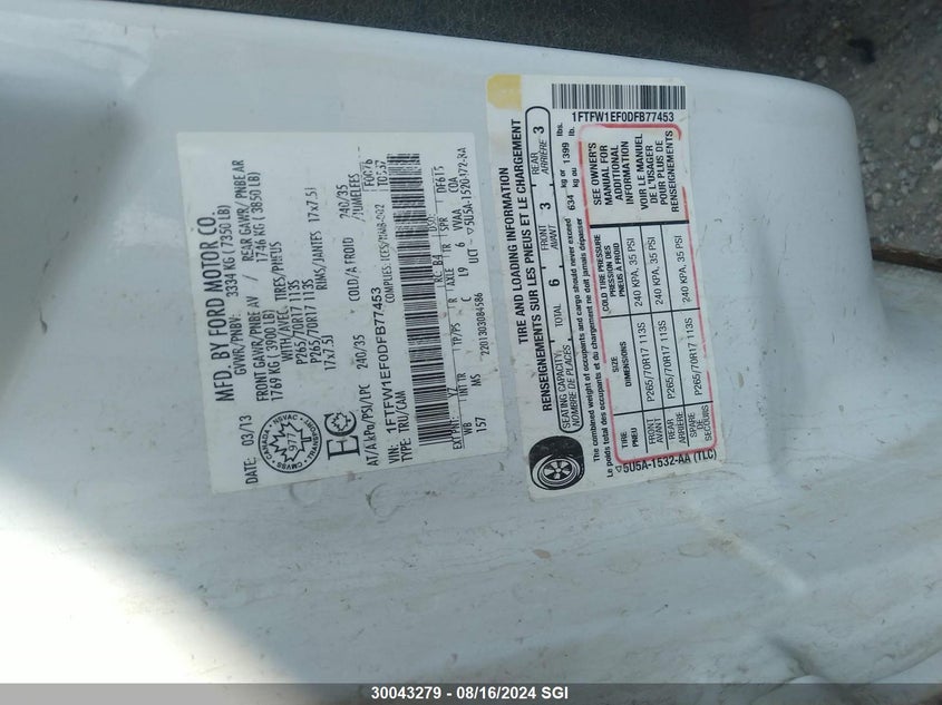 2013 Ford F150 Supercrew VIN: 1FTFW1EF0DFB77453 Lot: 30043279
