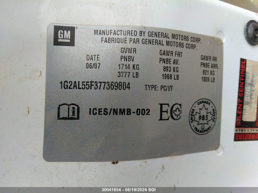 2007 Pontiac G5 Se VIN: 1G2AL55F377369804 Lot: 30041854