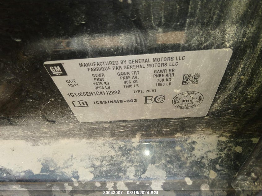 2012 Chevrolet Sonic Lt VIN: 1G1JC6EH1C4112390 Lot: 30043007