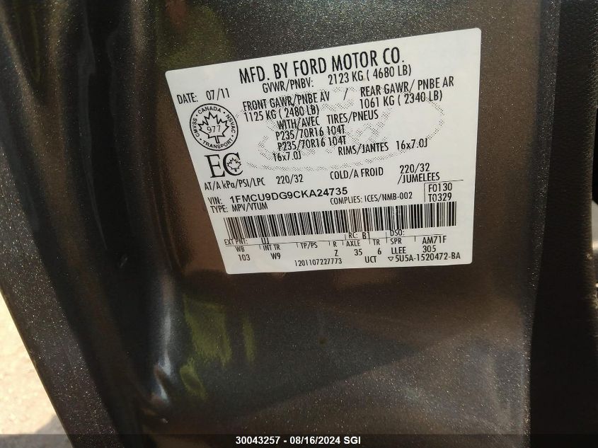 2012 Ford Escape Xlt VIN: 1FMCU9DG9CKA24735 Lot: 30043257