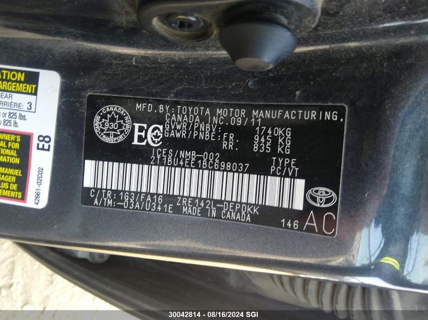 2011 Toyota Corolla S/Le VIN: 2T1BU4EE1BC698037 Lot: 30042814