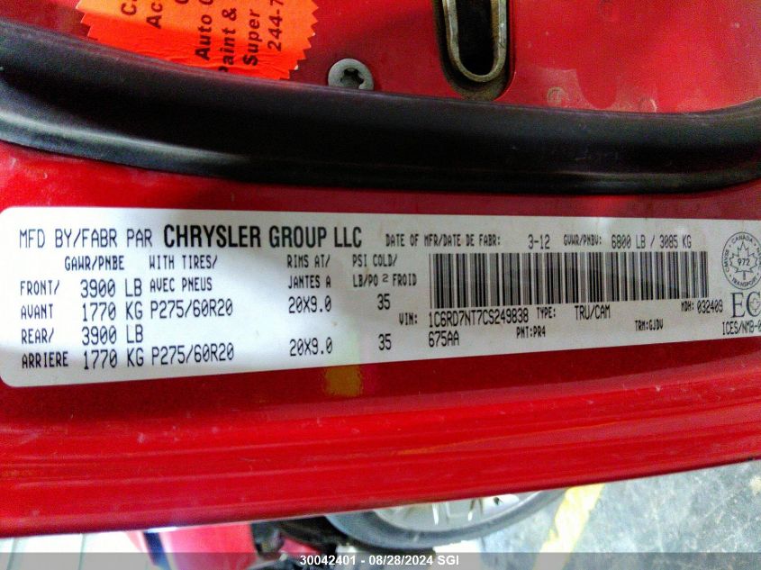 2012 Dodge Ram 1500 Laramie VIN: 1C6RD7NT7CS249838 Lot: 30042401