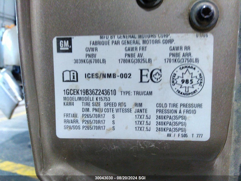 2006 Chevrolet Silverado K1500 VIN: 1GCEK19B36Z243610 Lot: 30043030