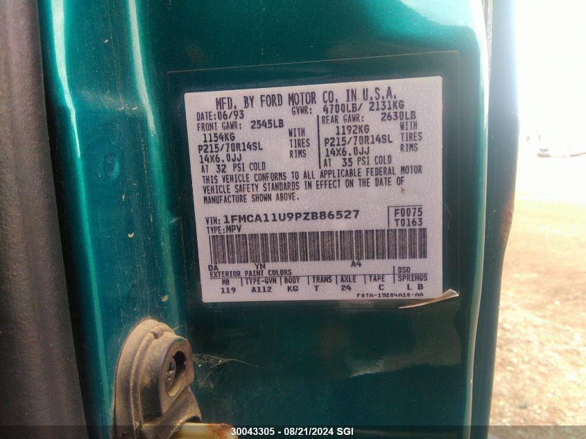 1993 Ford Aerostar VIN: 1FMCA11U9PZB86527 Lot: 30043305