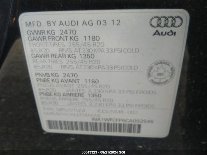 2012 Audi Q5 Prestige VIN: WA1WFCFP6CA092545 Lot: 30043323