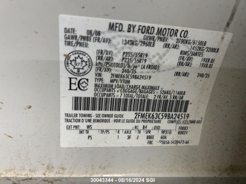 2009 Ford Flex Limited VIN: 2FMEK63C59BA24519 Lot: 30043344