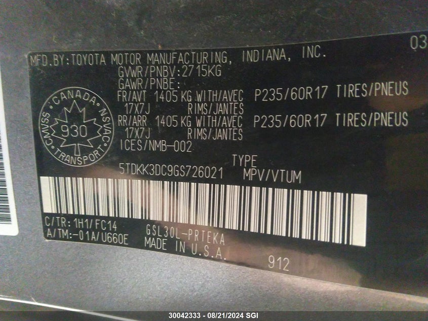 2016 Toyota Sienna Le VIN: 5TDKK3DC9GS726021 Lot: 30042333