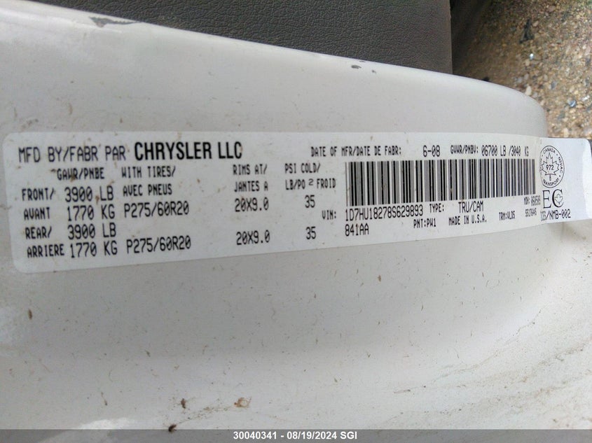 2008 Dodge Ram 1500 Slt VIN: 1D7HU18278S629893 Lot: 30040341