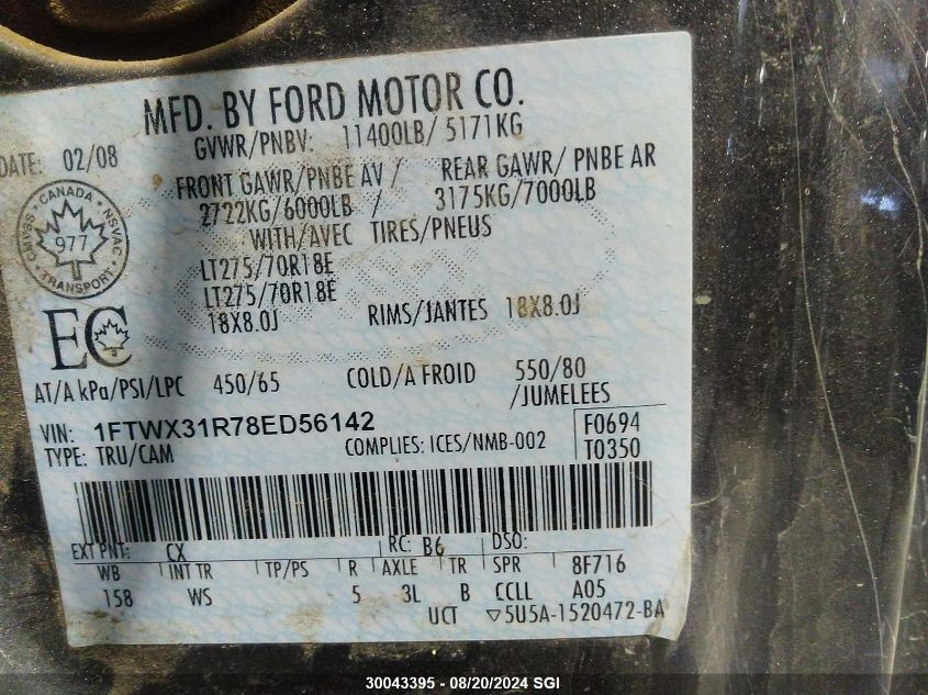 2008 Ford F350 Srw Super Duty VIN: 1FTWX31R78ED56142 Lot: 30043395