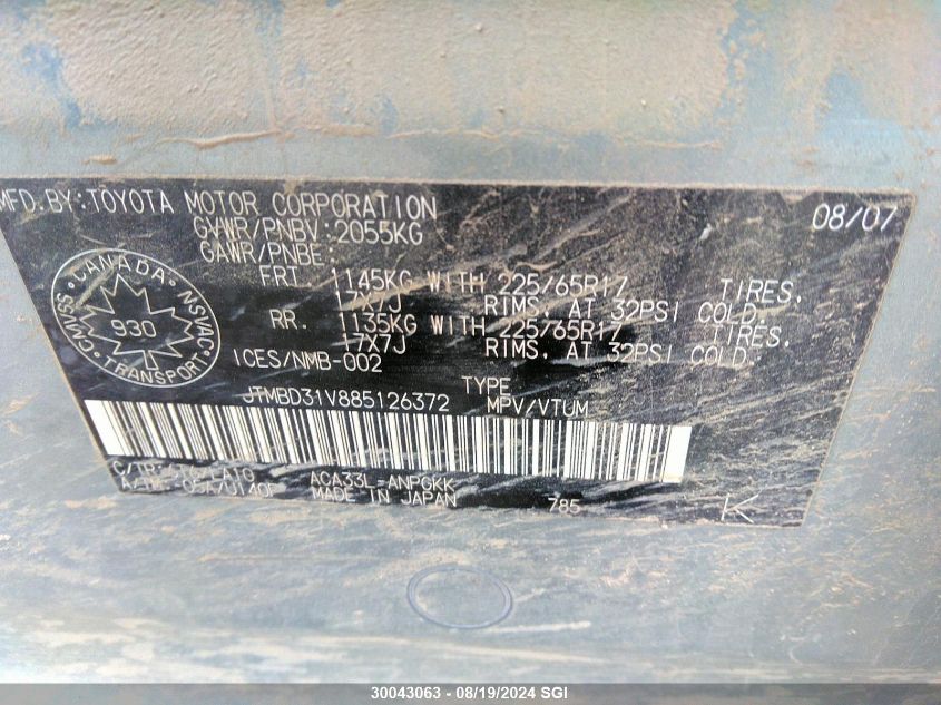 2008 Toyota Rav4 Limited VIN: JTMBD31V885126372 Lot: 30043063