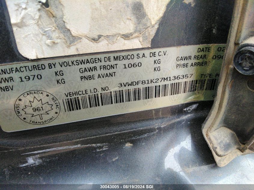 2007 Volkswagen Jetta 2.5 Option Package 2 VIN: 3VWDF81K27M136357 Lot: 30043005