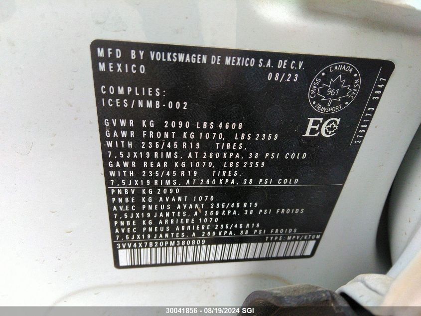 2023 Volkswagen Taos Sel VIN: 3VV4X7B20PM380809 Lot: 30041856